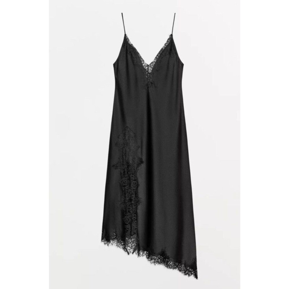 Zara ZW Collection Satin Lace Dress Black 5919/208 NWT Size Medium Asymmetric